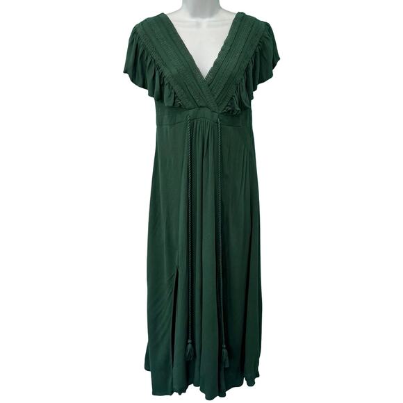 Baltic Born Jennifer Hunter Green Flutter Tassel Tie Double Slit Midi Dress sz S - Picture 1 of 13